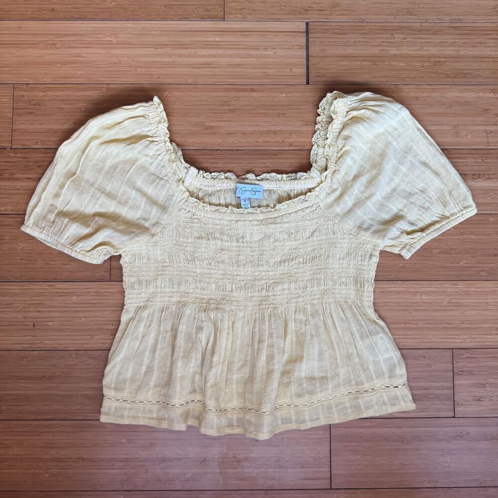 Jessica Simpson Y2K Pale Yellow Babydoll Top S Puff Sleeve Smocked Cottage